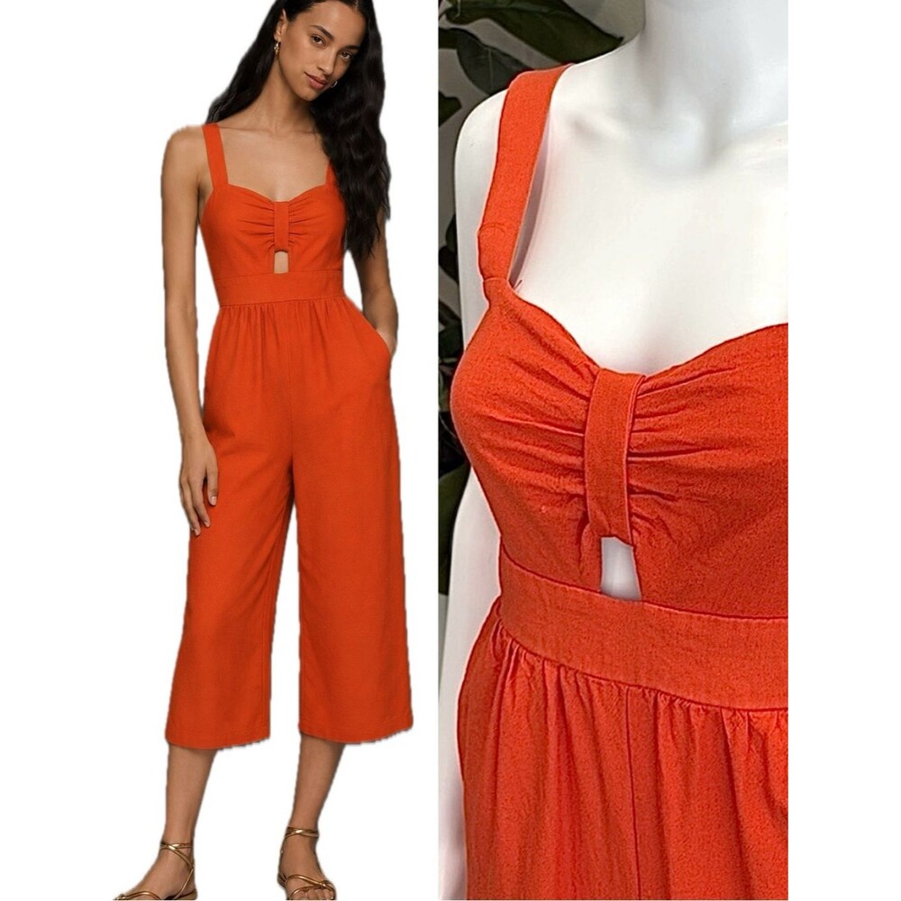 Monteau Linen Blend Sleeveless Wide Leg Cropped Jumpsuit Size XS Smocked Back